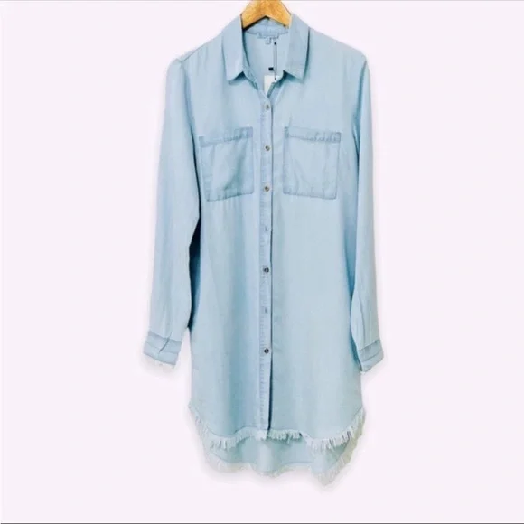 Light Wash Denim Oversized Shirt Chambray Button Up Fringed Hem Mini Dress NEW - Picture 2 of 5